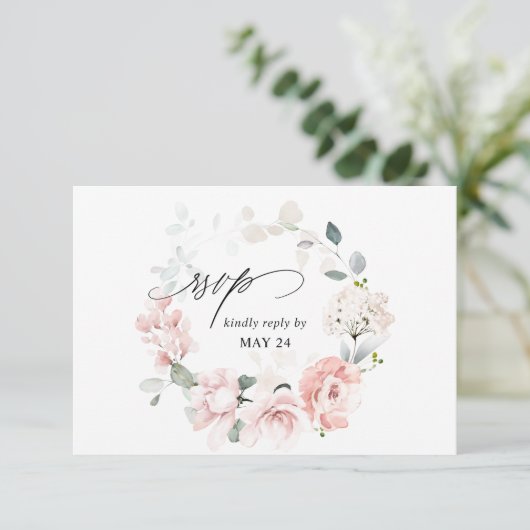 Blush Pink Floral & Eucalyptus w Meal RSVP Card 3 (Staand voorkant)