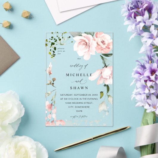 Blush Pink Floral & Eucalyptus Weddenschap 2B Acryl Uitnodigingen (Insitu (Huwelijk))