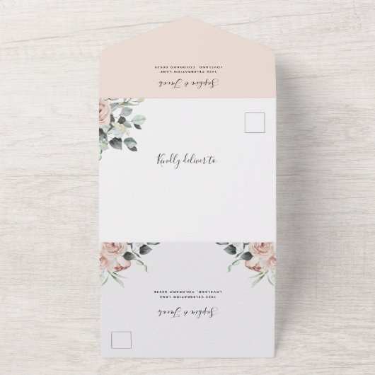 Blush Pink Floral Eucalyptus Weddenschap met RSVP All In One Uitnodiging (Buitenkant)