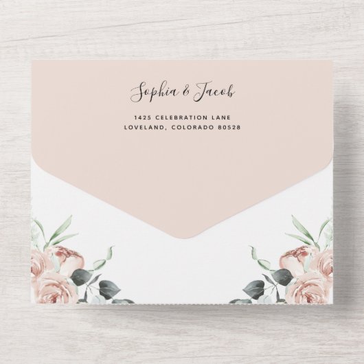 Blush Pink Floral Eucalyptus Weddenschap met RSVP All In One Uitnodiging (Achterkant)