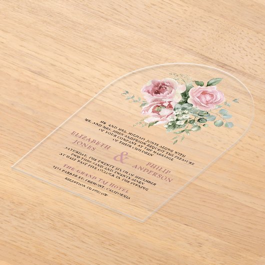 Blush Pink Floral Eucalyptus Wedding Acryl Uitnodigingen (Laagn)