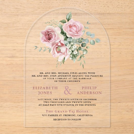 Blush Pink Floral Eucalyptus Wedding Acryl Uitnodigingen (Voorkant)