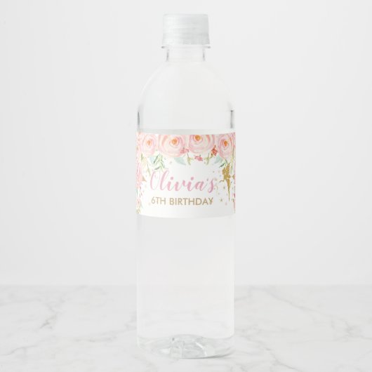 Blush Pink Floral Fairy Verjaardag Baby shower Waterfles Etiket (Voorkant)