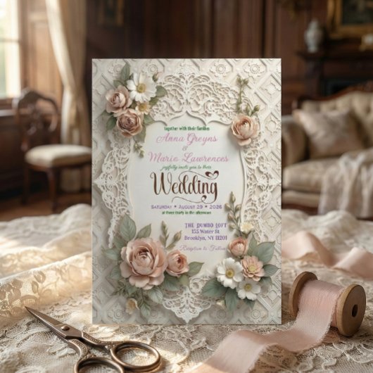 Blush Pink Floral Faux Laser Cut Lace Wedding Kaart