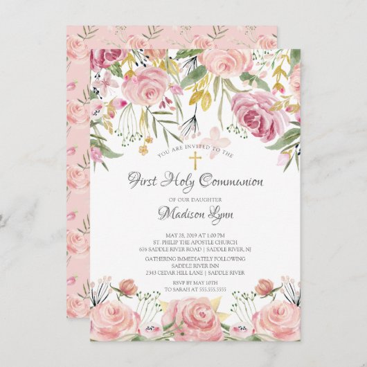 Blush Pink Floral First Heilige Communie Kaart (Voorkant / Achterkant)