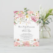 Blush Pink Floral First Heilige Communie Kaart (Staand voorkant)