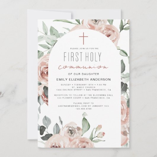 Blush Pink Floral First Heilige Communie Kaart (Voorkant)