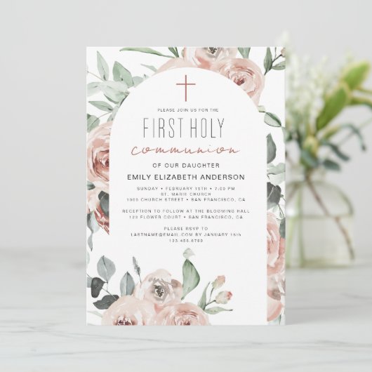 Blush Pink Floral First Heilige Communie Kaart (Staand voorkant)