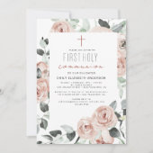 Blush Pink Floral First Heilige Communie Kaart (Voorkant)