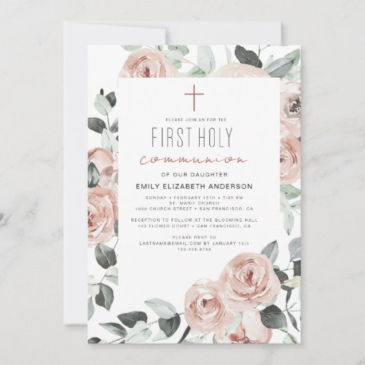 Blush Pink Floral First Heilige Communie Kaart (Voorkant)
