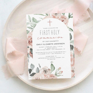 Blush Pink Floral First Heilige Communie Kaart