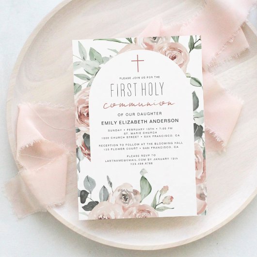 Blush Pink Floral First Heilige Communie Kaart