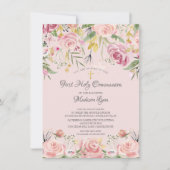 Blush Pink Floral First Heilige Communie Kaart (Voorkant)