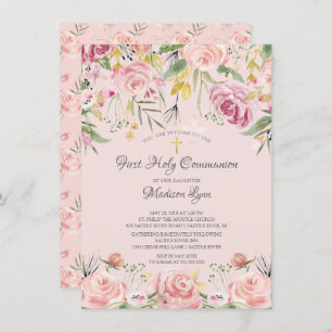 Blush Pink Floral First Heilige Communie Kaart