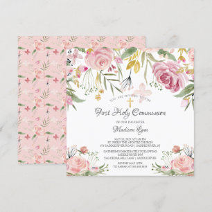 Blush Pink Floral First Heilige Communie Kaart