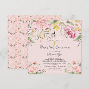 Blush Pink Floral First Heilige Communie Kaart