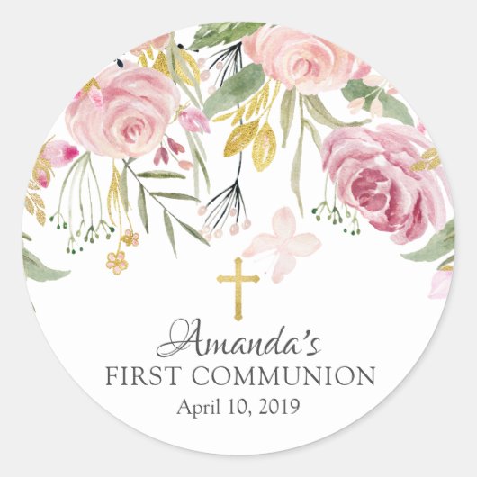 Blush Pink Floral First Holy Communion Sticker (Voorkant)