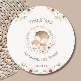 Blush Pink Floral Forest Uil Baby shower Bedankt Ronde Sticker