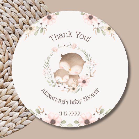 Blush Pink Floral Forest Uil Baby shower Bedankt Ronde Sticker