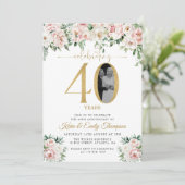 Blush Pink Floral Foto 40e Jubileum Kaart (Staand voorkant)