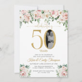 Blush Pink Floral Foto 50e Jubileum Kaart (Voorkant)