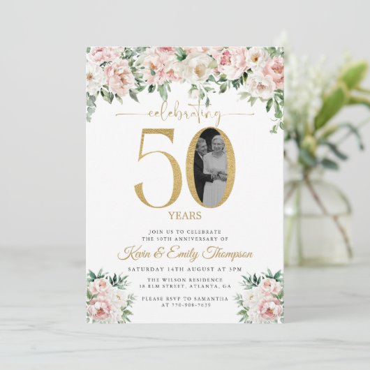 Blush Pink Floral Foto 50e Jubileum Kaart (Staand voorkant)