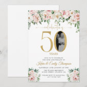 Blush Pink Floral Foto 50e Jubileum Kaart (Voorkant / Achterkant)