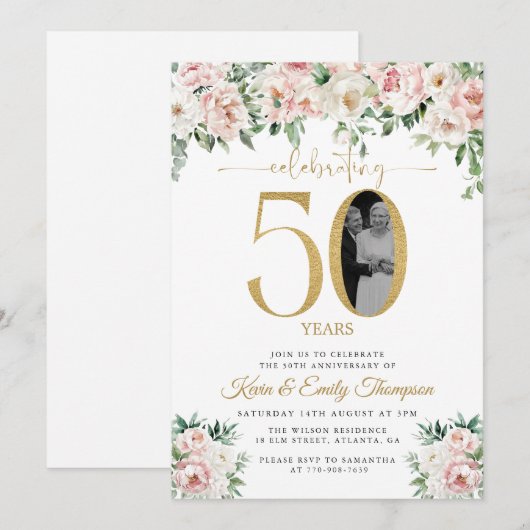 Blush Pink Floral Foto 50e Jubileum Kaart (Voorkant / Achterkant)