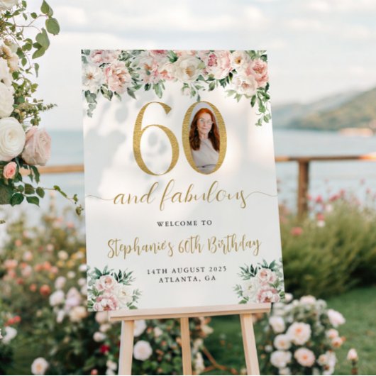 Blush Pink Floral Foto 60e verjaardag Welkom Sign Perfect Poster
