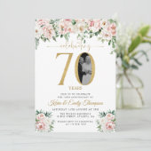 Blush Pink Floral Foto 70e Jubileum Kaart (Staand voorkant)