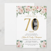 Blush Pink Floral Foto 70e Jubileum Kaart (Voorkant / Achterkant)