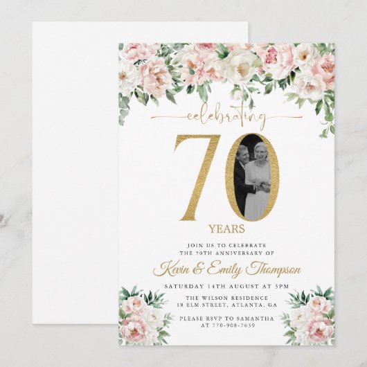 Blush Pink Floral Foto 70e Jubileum Kaart (Voorkant / Achterkant)