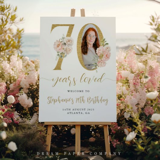 Blush Pink Floral Foto 70e verjaardag Welkom Sign Perfect Poster