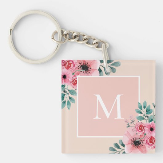 Blush Pink | Floral foto Monogram Sleutelhanger (Voorkant)