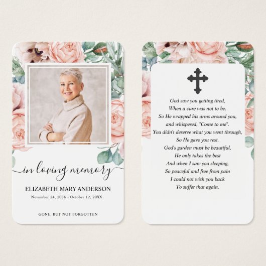 Blush Pink Floral Foto Sympathie Funeral Prayer Visitekaartje (Voorkant /achterkant)