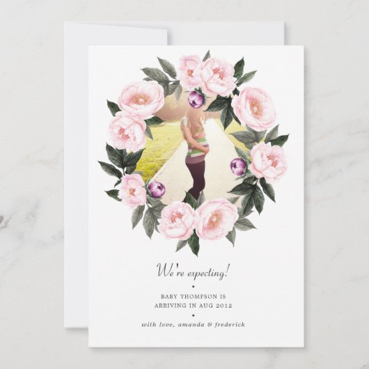 Blush Pink Floral Foto Zwangerschap Aankondiging (Voorkant)