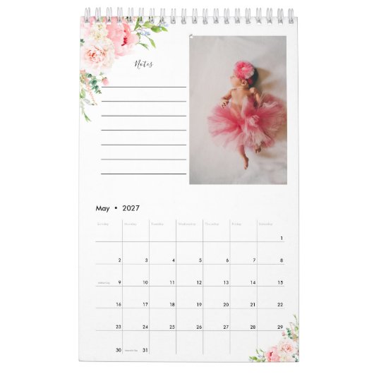 Blush Pink Floral fotokalender met notities Kalender (Mei 2027)