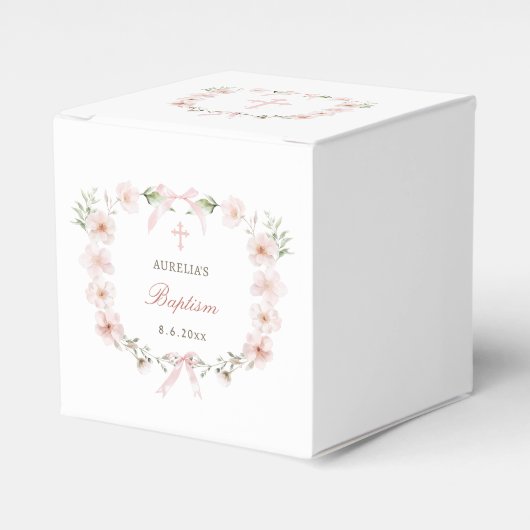 Blush Pink Floral Frame Baptism Cube Bedankdoosjes (Voorkant Zijde)