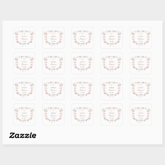Blush Pink Floral Frame Baptism Vierkante Sticker (Vel)