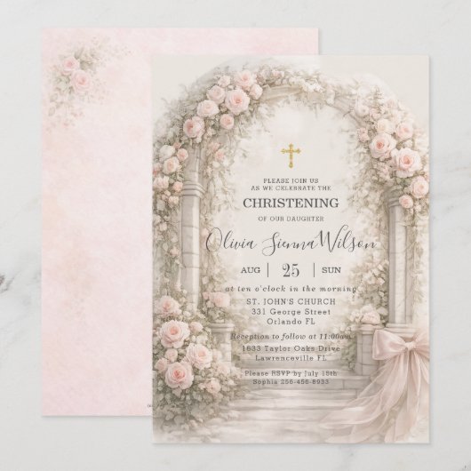 Blush Pink Floral Garden Bow Baptism Christening Kaart (Voorkant / Achterkant)
