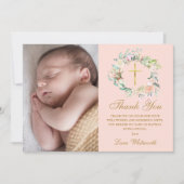 Blush Pink Floral Garland Baptisme Foto Bedankkaart (Voorkant)