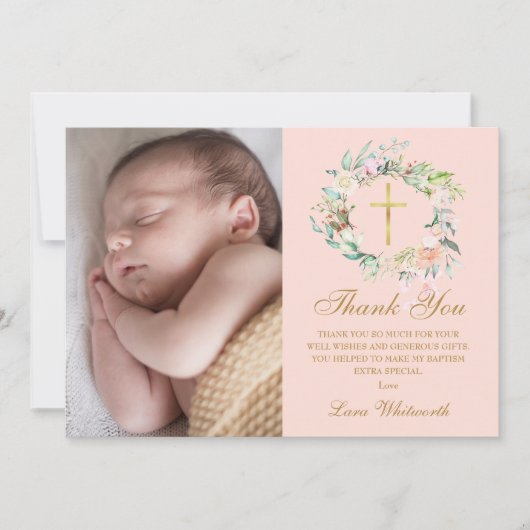 Blush Pink Floral Garland Baptisme Foto Bedankkaart (Voorkant)