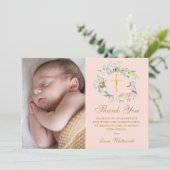 Blush Pink Floral Garland Baptisme Foto Bedankkaart (Staand voorkant)