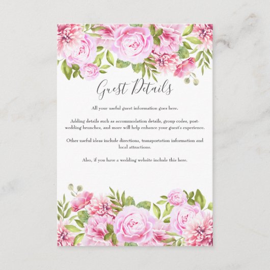 Blush Pink Floral Gast Informatie Details Informatiekaartje (Voorkant)