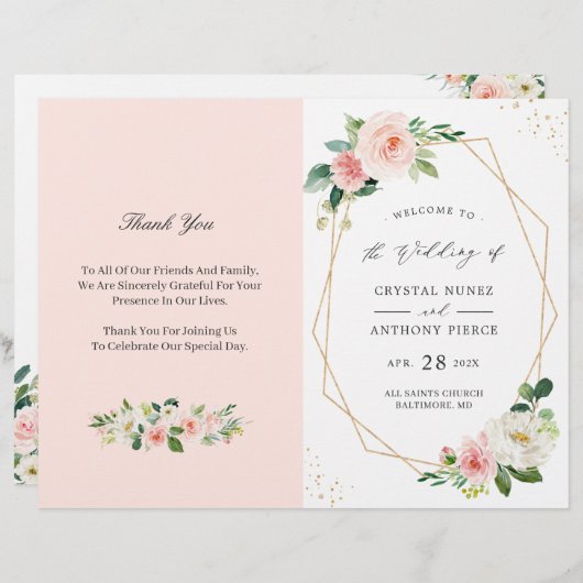 Blush Pink Floral Geometric Folded Wedding Program (Voorkant / Achterkant)