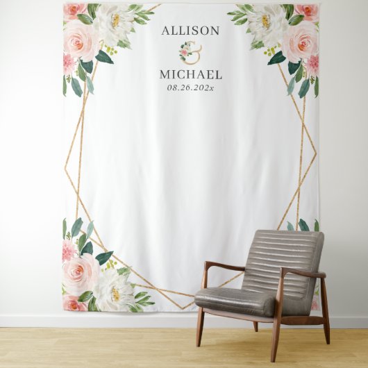 Blush Pink Floral Geometric Weddenschap Backdrop Wandkleed (In situ)