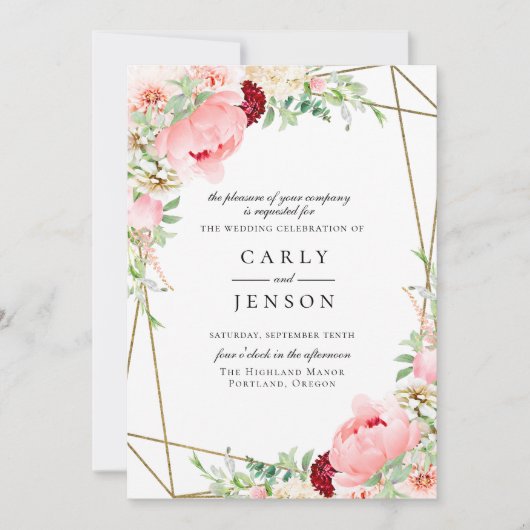 Blush Pink Floral Geometrische bruiloft uitnodigin Kaart (Voorkant)