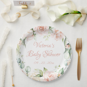 Blush Pink Floral gepersonaliseerd Baby shower Papieren Bordje
