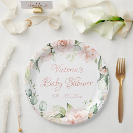 Blush Pink Floral gepersonaliseerd Baby shower Papieren Bordje (Huwelijk)