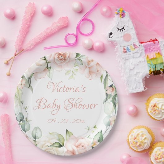 Blush Pink Floral gepersonaliseerd Baby shower Papieren Bordje (Feest)